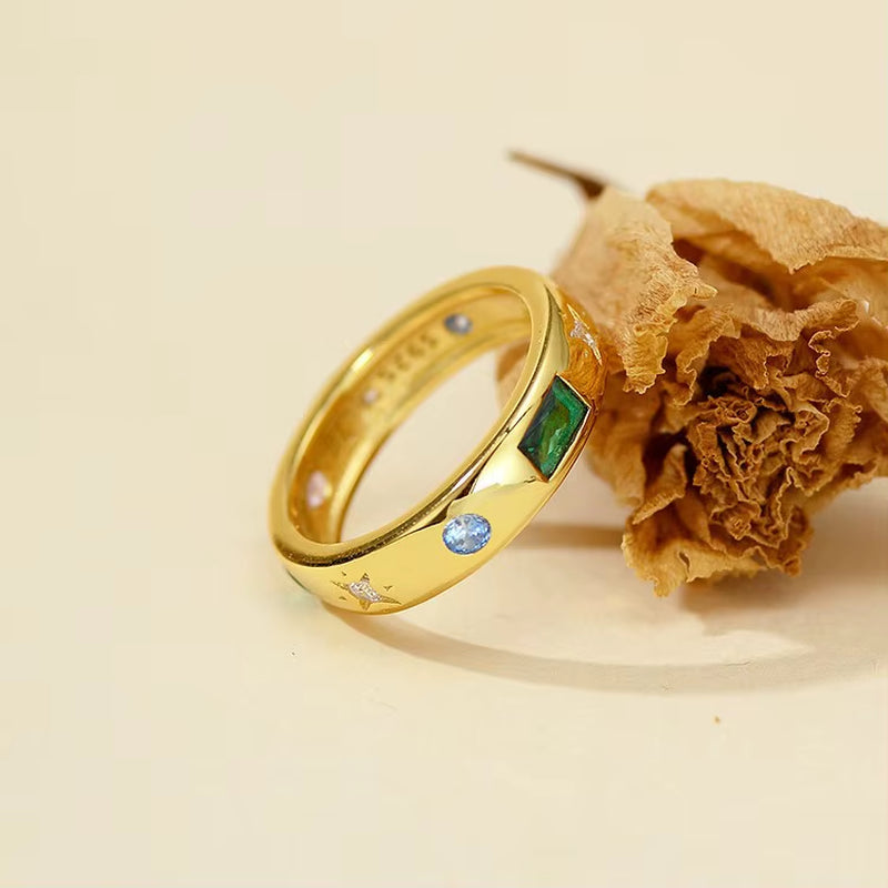 Fashion Jewelry 925 Sterling Silver Colorful Diamond Ring Rectangle Water Drop Geometry Irregular Zircon Gold Plated Rings Women