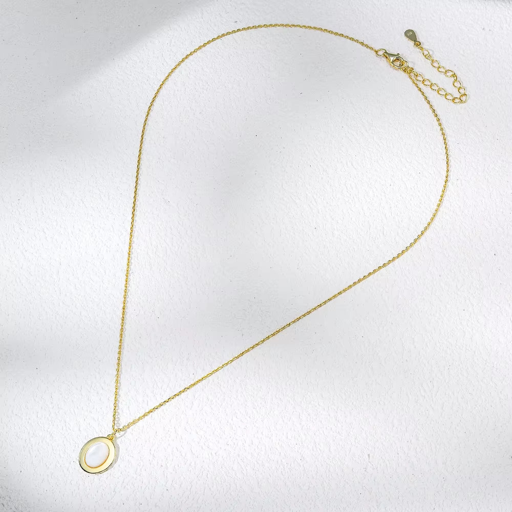 European and American Fashion Jewelry 925 Sterling Silver Retro Oval Natural White Mother-Of-Pearl Shell Pendant Necklace Women