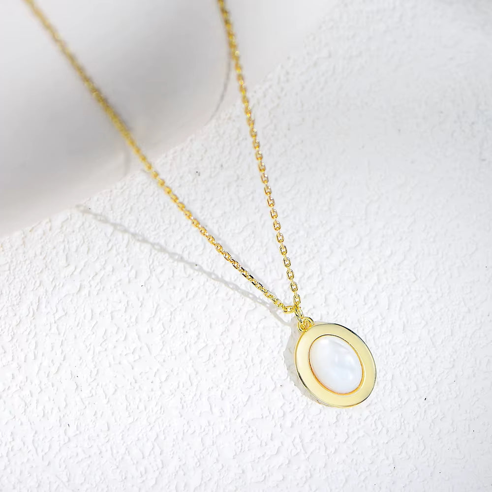 European and American Fashion Jewelry 925 Sterling Silver Retro Oval Natural White Mother-Of-Pearl Shell Pendant Necklace Women